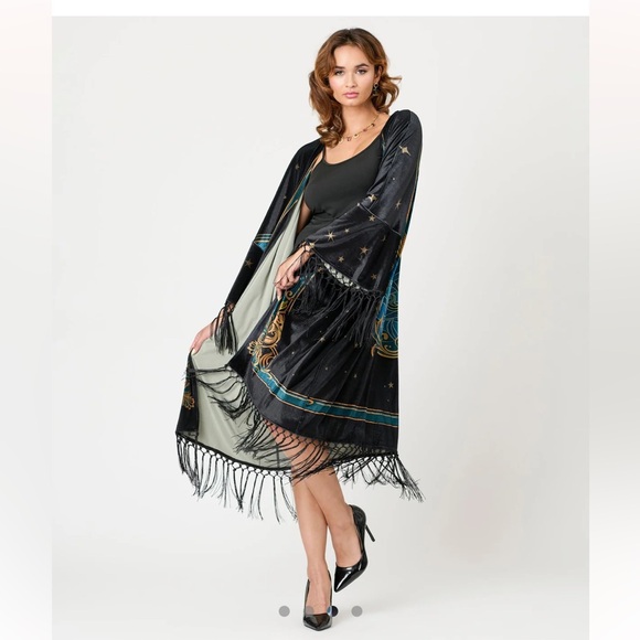 Unique Vintage Plus Size Black Art Noveau Fringe Kimono OSFM PLUS - Picture 3 of 4